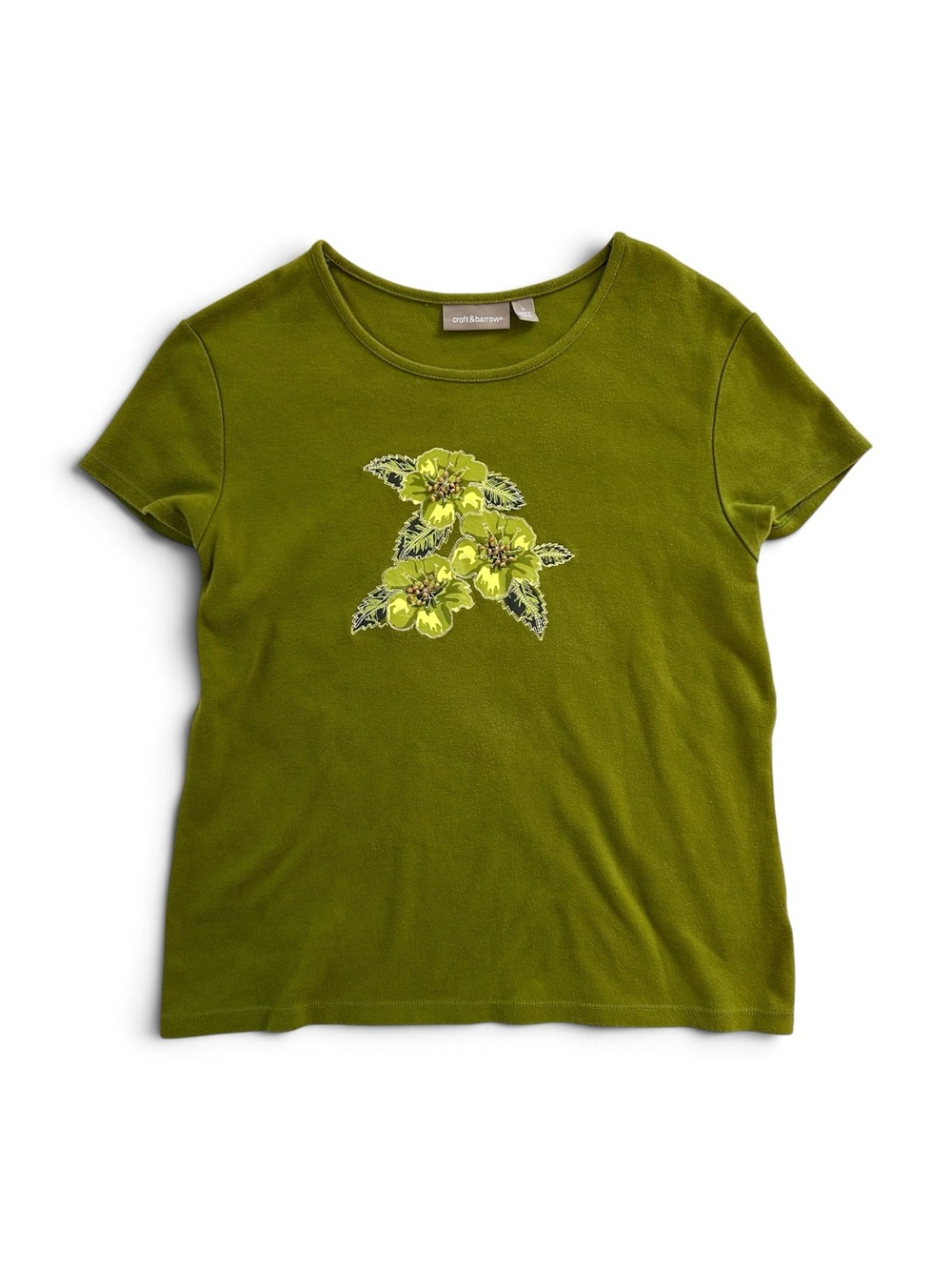 Tropical Floral Y2K Beach Olive Embroidered Fitted Short Sleeve Tee